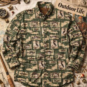 Outdoor Life Fishing XL Button Up Shirt Green Cotton Mens Angler Outdoorsman